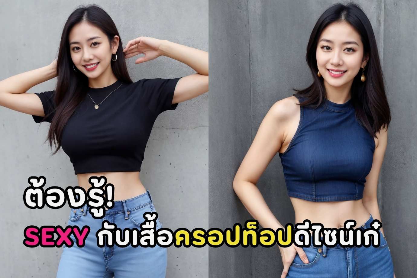 เสื้อครอปดีไซน์เก๋ สีดำขาว