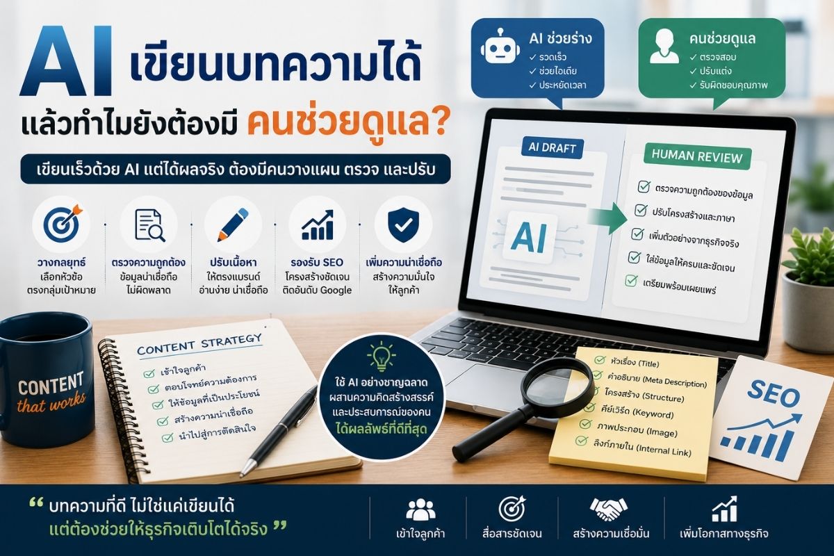 AI เขียนบทความได้ แล้วทำไมธุรกิจยังควรมีคนช่วยตรวจ วางแผน และดูแลคอนเทนต์