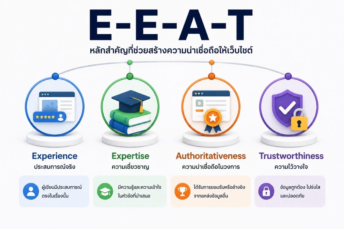 อินโฟกราฟิกอธิบาย E-E-A-T ประกอบด้วย Experience